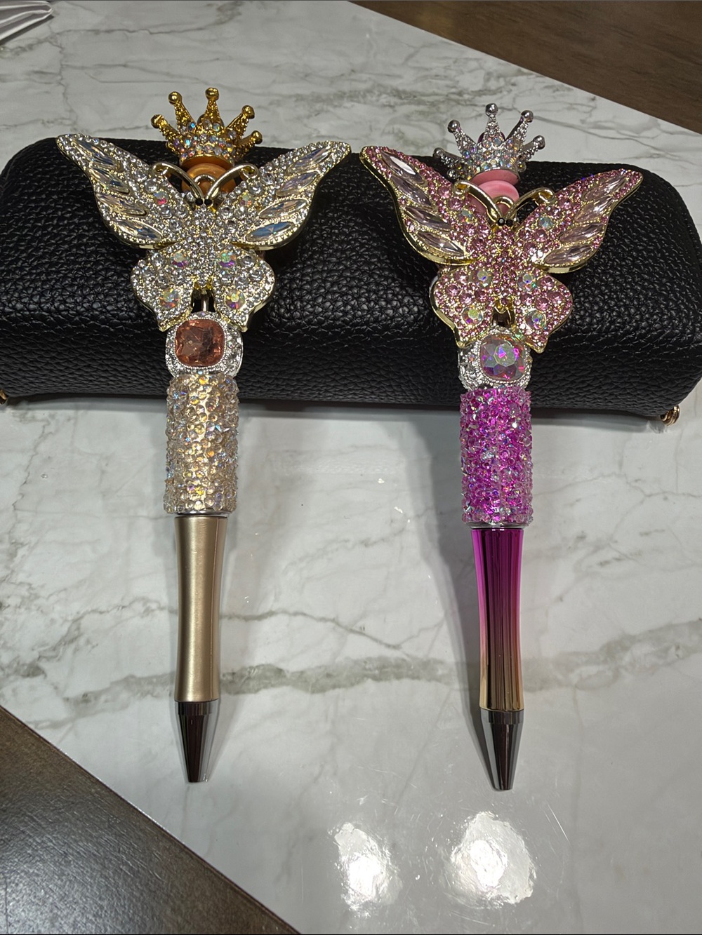Set of 2 Pink Crystal Butterfly Crown Ballpoint Pen – Elegant Rhinestone Accent